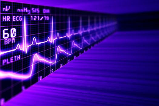 Heart rate with ECG graph on the futuristic medical monitor in the cyberspace. 3D background