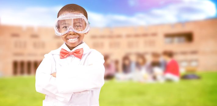 Pupil dressed up as scientist against students using laptop in lawn against college building