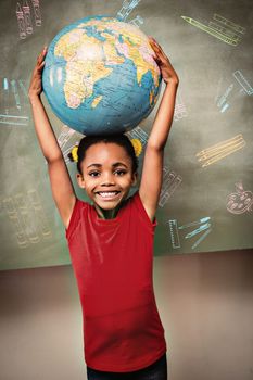 Education doodles against little girl holding globe over head