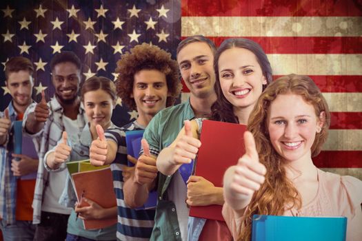 Fashion students smiling at camera together against usa flag in grunge effect