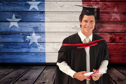 Man Graduating from University against composite image of usa national flag