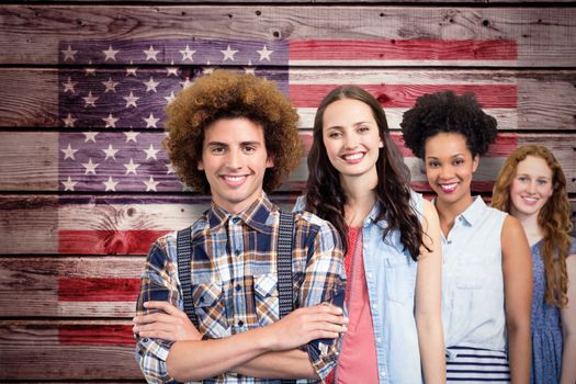 Confident and attractive fashion designers against composite image of usa national flag