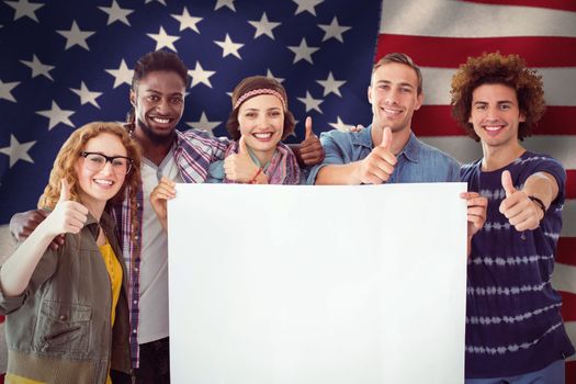 Fashion students smiling at camera together against united states of america flag