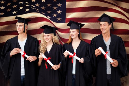 Group of people celebrating after Graduation against composite image of digitally generated united states national flag