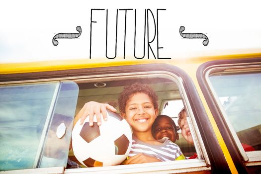 The word future against cute pupils smiling at camera in the school bus