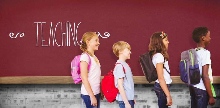 The word teaching and school kids standing in school corridor against red background