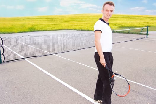 Tennis conceptual image. Tennis player stands on the tennis court, sorround by field.