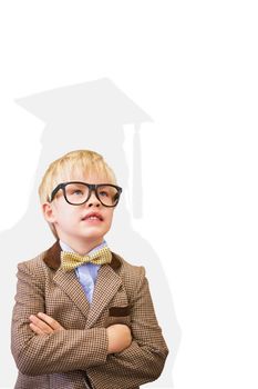 Cute pupil dressed up as teacher  against silhouette of graduate