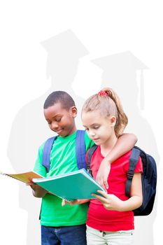 Cute pupils reading against silhouette of graduate