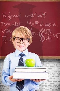 Cute pupil holding books and apple against red background