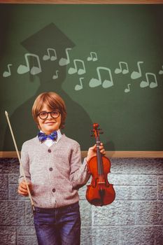 Pupil with violin against green