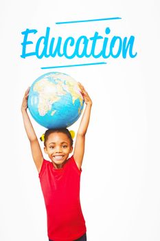 The word education and pupil holding globe against white background with vignette