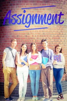 The word assignment against happy students smiling at camera