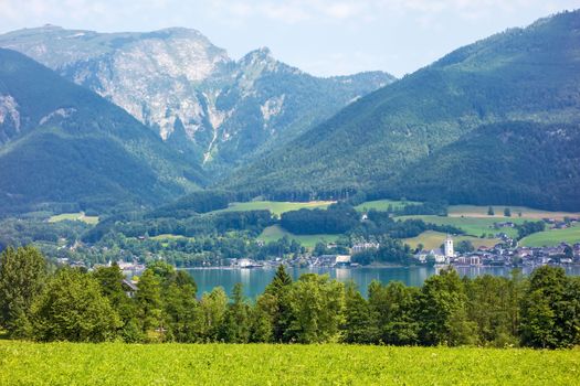 St. Wolfgang at lake Wolfgangsee in Austria, Europe - mountain panorama in the background