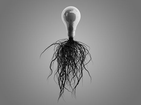 Light bulb with roots and emerged on the icon with roots, concept