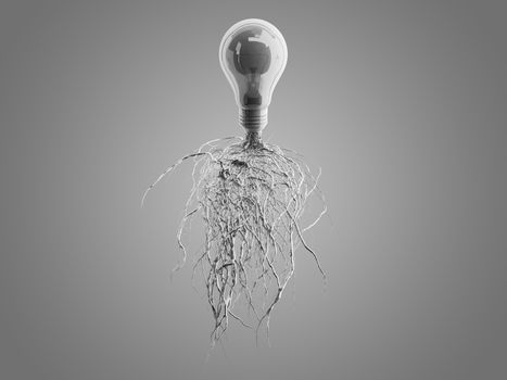 Light bulb with roots and emerged on the icon with roots, concept