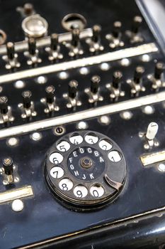 Close up detailed view of old nostalgical black telegram with rotary and buttons on.