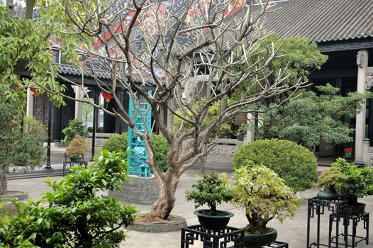 Chen Family Temple, traditional Chinese architecture in Guangzhou. Unique buildings and atriums with bonsai bushes.