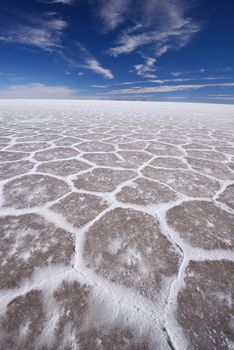 hexagonal pattern from Uyuni salt flat in high altitude desert in bolivia