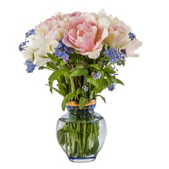 Bouquet of flowers in a vase, tulips and forget-me-not, isolated on white background