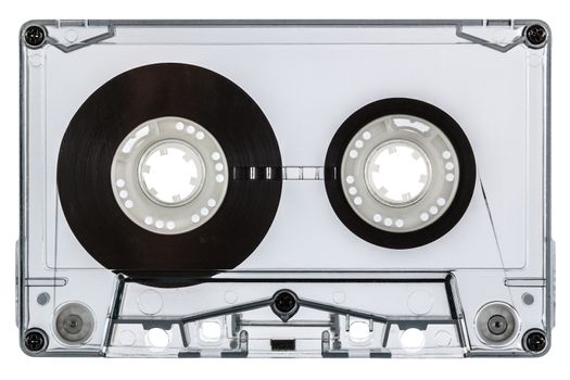 Сlose up of vintage audio cassette, isolated on white background