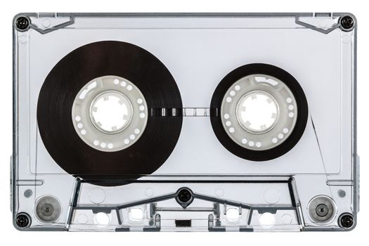 Сlose up of vintage audio cassette, isolated on white background