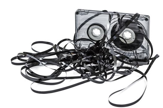 Close up of vintage audio tape cassette, isolated on white, with clipping path
