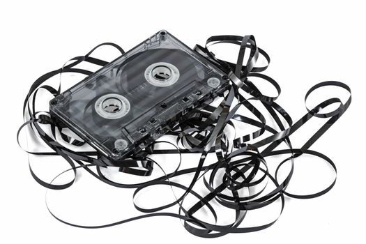 Close up of vintage audio tape cassette, isolated on white, with clipping path