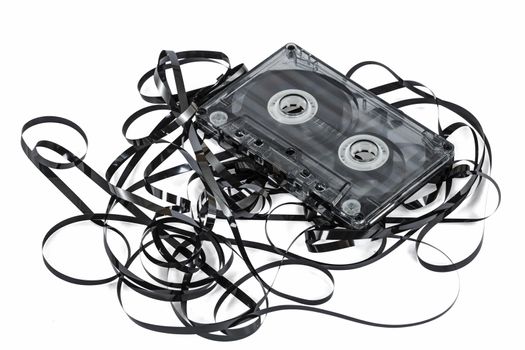 Close up of vintage audio tape cassette, isolated on white, with clipping path