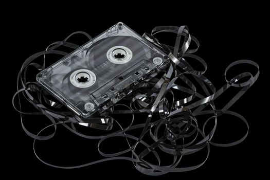 Close up of vintage audio tape cassette, isolated on black, with clipping path