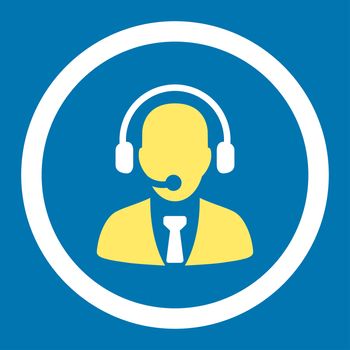 Call center glyph icon. This rounded flat symbol is drawn with yellow and white colors on a blue background.