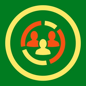 Demography diagram glyph icon. This rounded flat symbol is drawn with orange and yellow colors on a green background.