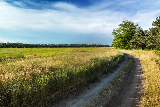 The rural dirt road, beautiful countryside on a sunny day