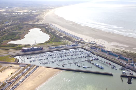 Aerial view of yacht harbor with beach of IJmuiden, The Netherlands