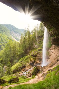 Beautiful natural landscape under Pericnik waterfall in Vrata Valley in Triglav National Park in Julian Alps, Slovenia.
