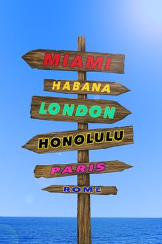 wood sign of cities in world for vacation