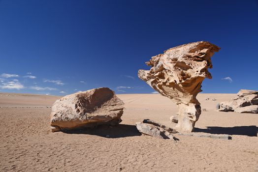 wind eroded rock in atacama desert in bolivia