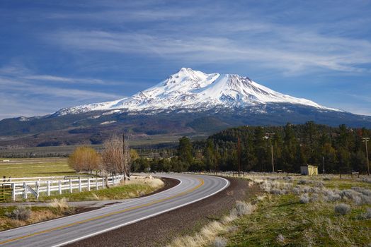 snow capped mount shasta with a blue sky