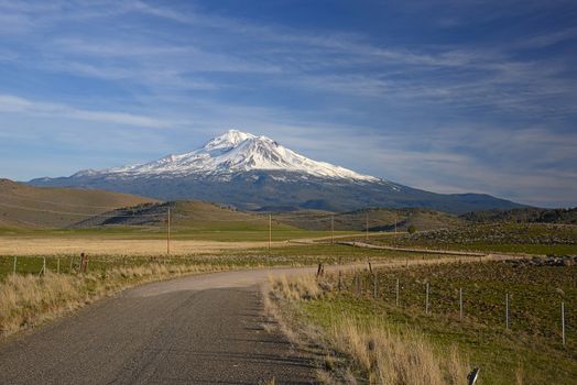 snow capped mount shasta with a blue sky 