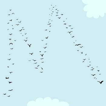 Illustration of a flock of birds in the shape of the letter m