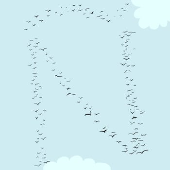 Illustration of a flock of birds in the shape of the letter n with tilde