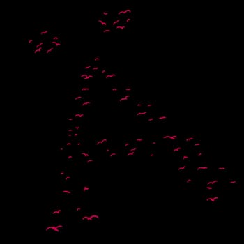 Red flock of birds in the shape of the diacritical a letter
