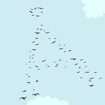 Illustration of a flock of birds in the shape of the ringed a letter