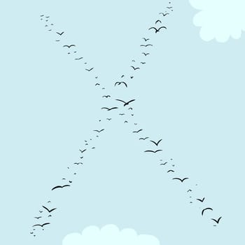 Illustration of a flock of birds in the shape of the letter x