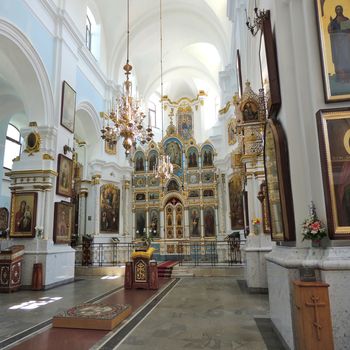 Orthodox Minsk Holy spirit Cathedral in Belarus indoors. Interior design of Church facilities.