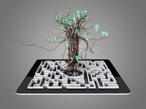 Social media icons set in tree shape on Maze in the tablet., concept