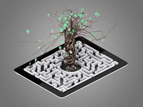 Social media icons set in tree shape on Maze in the tablet., concept