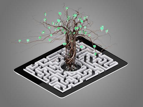 Social media icons set in tree shape on Maze in the tablet., concept