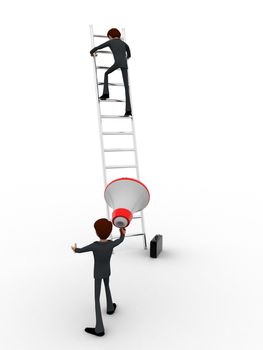 3d men climbing ladder and another announcing from mic concept on white background, back angle view