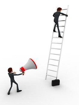 3d men climbing ladder and another announcing from mic concept on white background, side angle view
